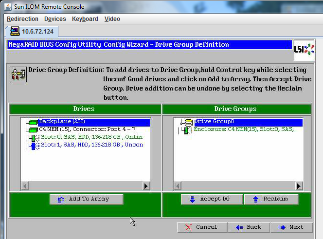 image:Screenshot of the MegaRAID BIOS Config Utility Config Wizard — Drive Group Definition window. Click Yes to accept.