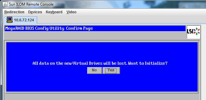 image:Screenshot of the MegaRAID BIOS Confirmation Page asking to initialize drives.