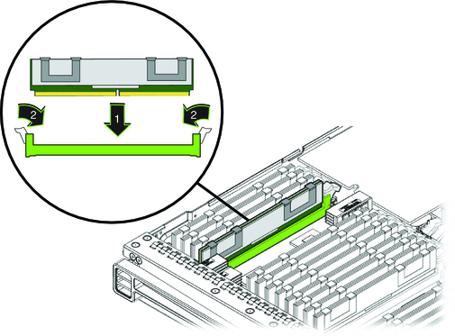 image:An illustration showing how to install a DIMM.
