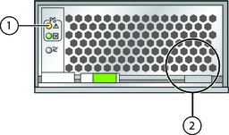 image:An illustration showing the front of a power supply unit with the Fault LED and the general location of the internal thermal sensor called out.