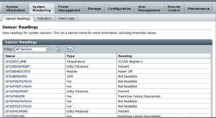 image:Oracle ILOM sensor readings page