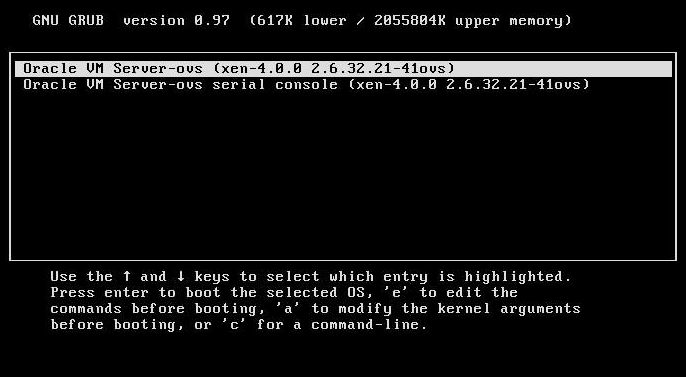 image:A screen capture showing the Oracle VM GRUB menu.
