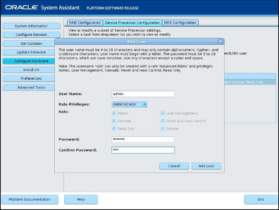image:A screen capture that shows the Configure Hardware, Service Processor Configuration, Add User screen.