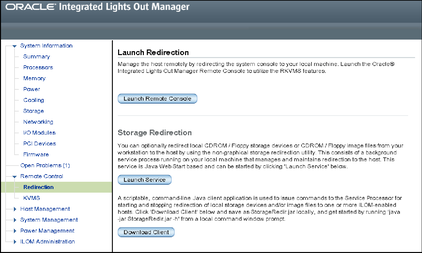 image:A screen capture showing the Oracle ILOM Web interface Launch Redirection screen.