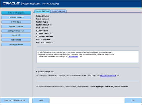 image:A screen capture of the Oracle System Assistant home screen.