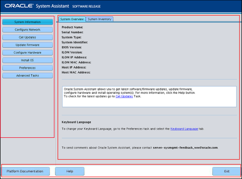 image:A screen capture showing the three sections of the Oracle System Assistant interface.