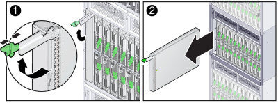 image:An illustration showing how to remove server module filler panels.