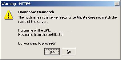 image:A screen capture showing the Hostname Mismatch dialog box.