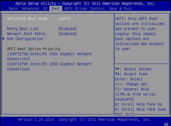 image:This figure shows the UEFI/BIOS Boot Mode screen with UEFI selected.