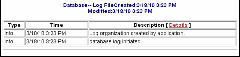 Surrounding text describes Database Log File screen.