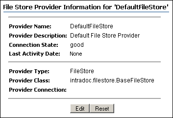 File Store Provider Information screen