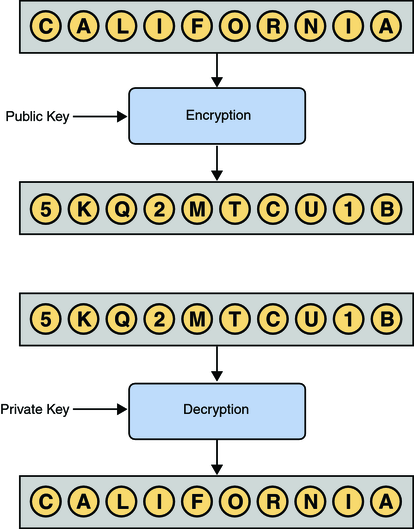 image:Diagram shows the use of a public key in encrypting a word, and the use of a private key in decrypting the word.