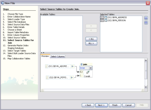 image:Figure shows the Select Source Tables for Join window of the Data Integrator Wizard.