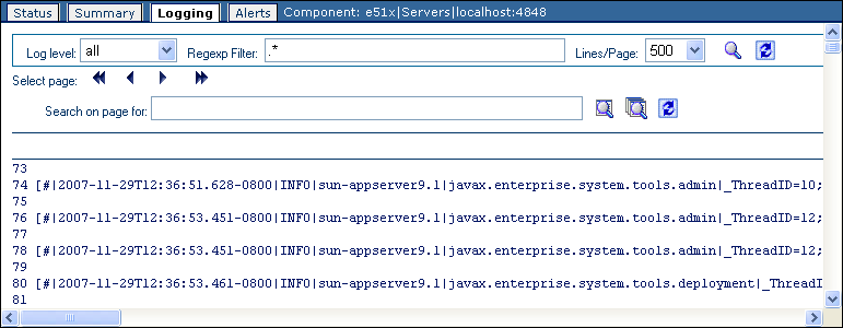 image:Screen capture of the Logging tab in Enterprise Manager. A small portion of the application server log file is shown.