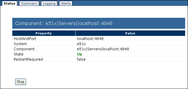 image:Screen capture of the Status tab, which shows basic information about an application server.