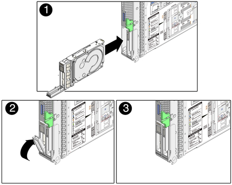 image:Figure showing how to install a drive in the server module.