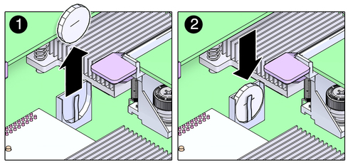 image:FIgure shows how to remove and replace the clock battery on the server module motherboard.