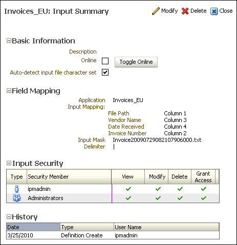 Input Summary page
