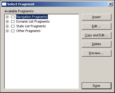 Select Fragment dialog