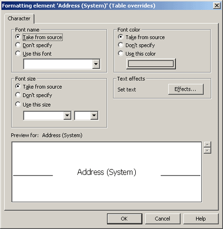 Formatting Character - Table Override Dialog