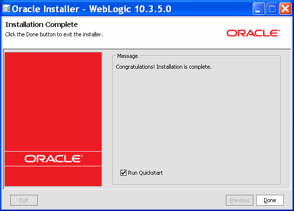 WebLogic Server Installer Installation Complete screen