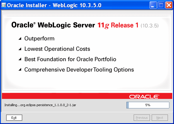 WebLogic Server Installer Status screen