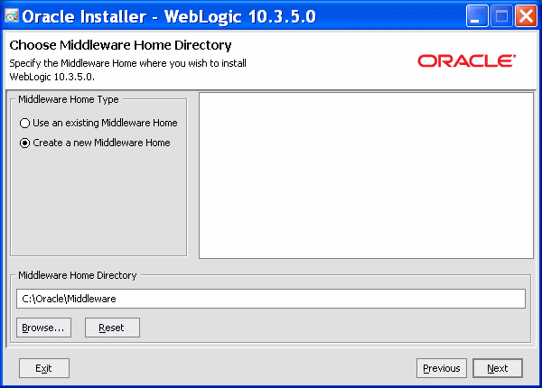 Oracle Middleware Home Directory screen