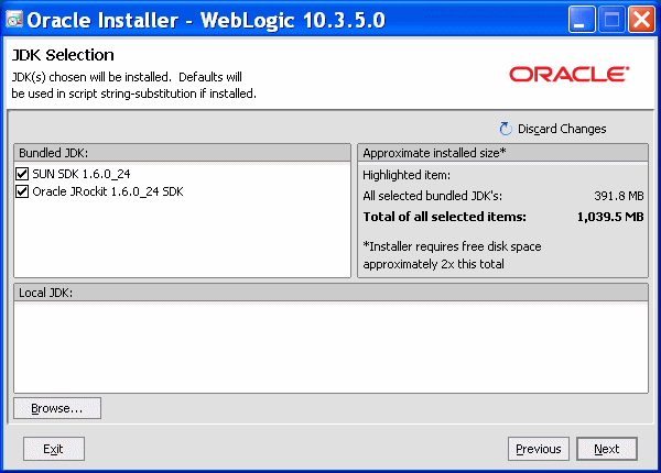 WebLogic Server Installer JDK Selection screen