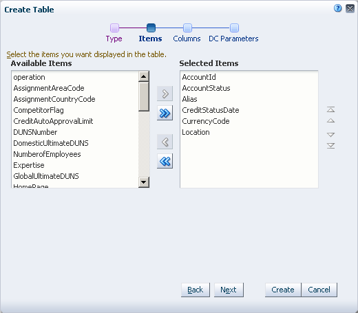 Items Page in the Create Table Dialog
