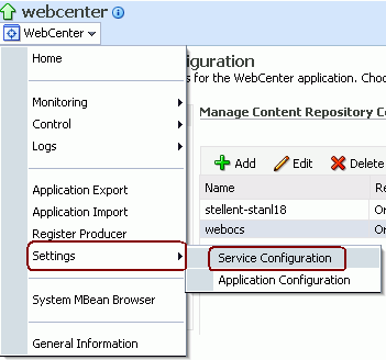 Fusion Middleware Control WebCenter Menu