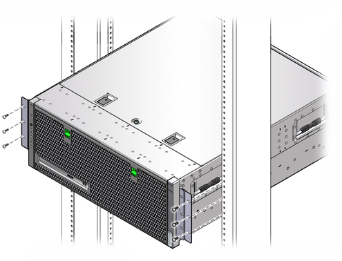 image:Figure showing how to secure the front adjuster brackets attached to the sides of the server to the front of the rack.