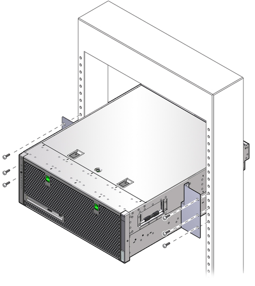 image:Figure showing how to secure the front hardmount bracket attached to the sides of the server to the front of the rack.