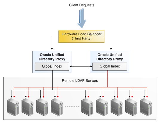 Two instances of Oracle Unified Directory proxy with a third party hardware load balancer as the entry point.