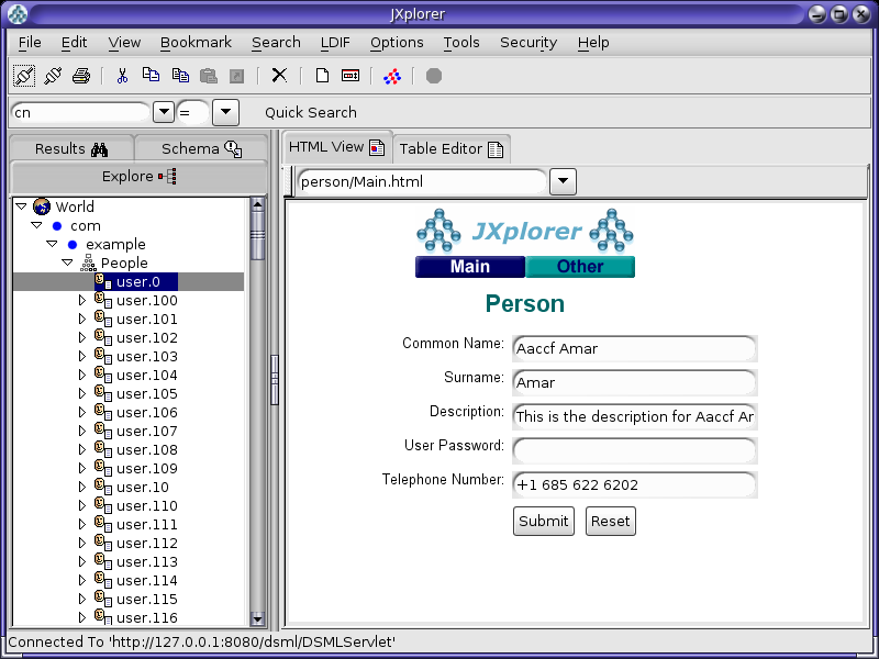 Figure shows the JXplorer window populated with values from a sample directory.