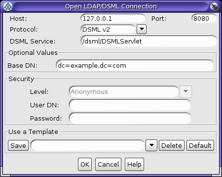 Figure shows the Open LDAP/DSML Connection window.