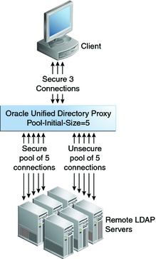 Graphic shows multiple pools of connections to the Proxy