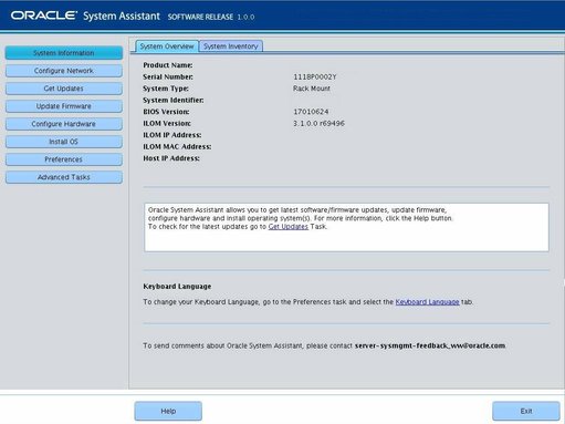 image:This figure shows the System Overview task screen in Oracle System Assistant.