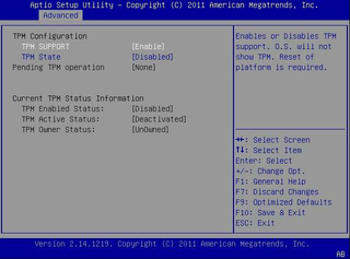 image:This figure shows the TPM Configuration screen with TPM support enabled.