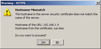 image:Graphic showing the Oracle ILOM Hostname Mismatch warning dialog.