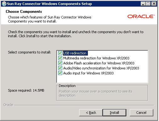 Snapshot of the Sun Ray Connector
                  Windows Components Setup window