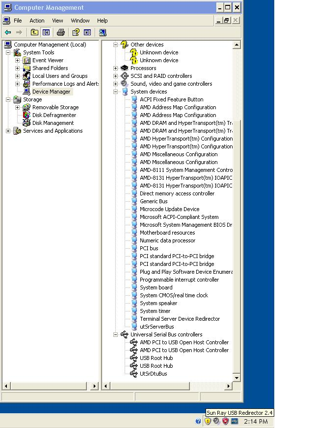 Snapshot of the Device Manager window
              showing the utSrServerBus device displayed under the
              System devices section.