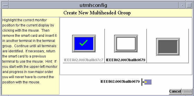 Screenshot showing the second step of the Create New Multiheaded Group wizard in the Sun Ray Multi-head Administration GUI.