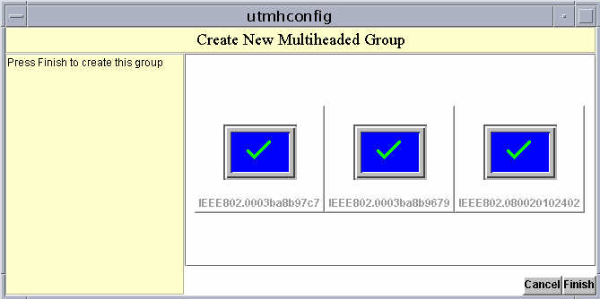 Screenshot showing the third and final step of the Create New Multiheaded Group wizard in the Sun Ray Multi-head Administration GUI.