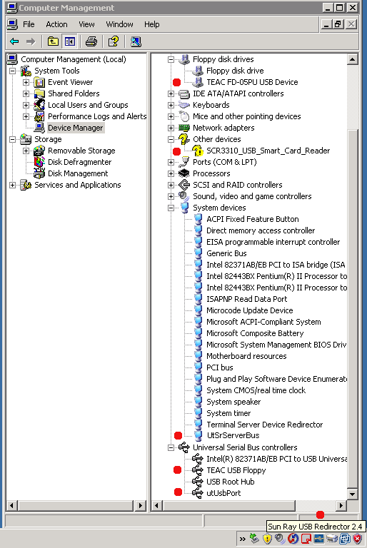 Screenshot of the Windows Device Manager
            with devices that are configured properly and USB devices
            that are not configured properly for USB redirection. A
            yellow question mark indicates when a device is not
            configured properly.