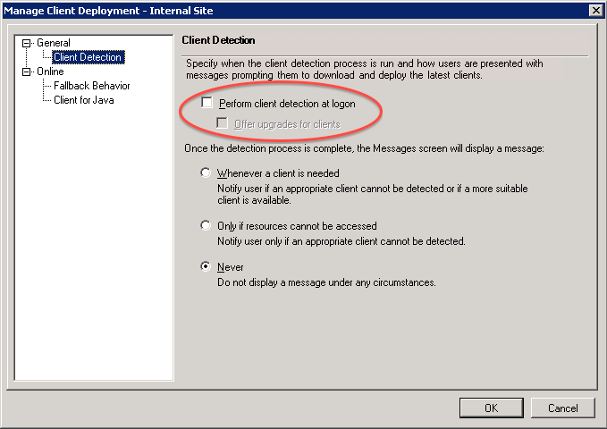 Screenshot showing the Client Detection screen and where to deselect the Perform client detection at logon option.