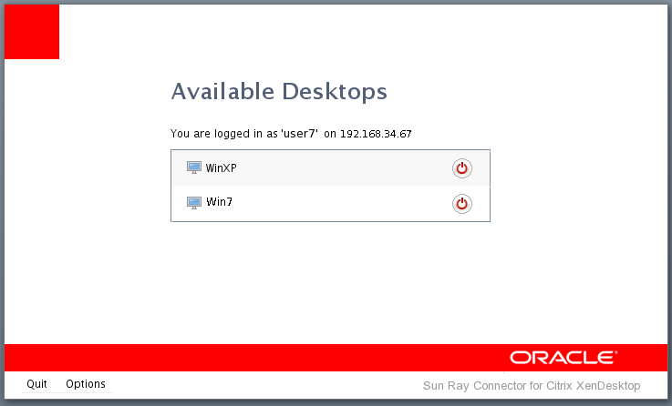 Screenshot showing the Available Desktops dialog box prompting the user to select a desktop from the Citrix XenDesktop server.