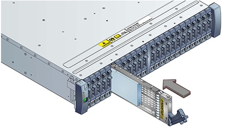 image:Picture showing drive being inserted into the DE2-24P storage shelf chassis.