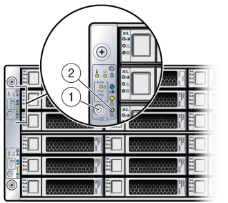 image:Graphic showing the location of the recessed Power button and Power/OK LED on the top server node in the lower left-hand corner.