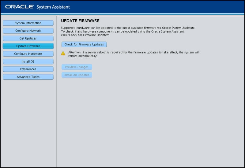 image:This figure shows the Update Firmware screen in Oracle System                                 Assistant.