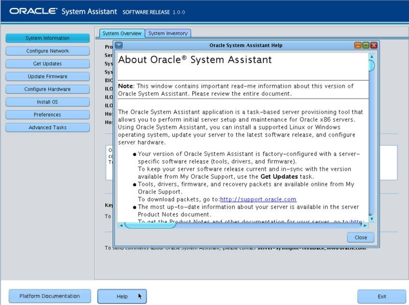 image:A graphic showing the Oracle System Assistant Help                                 screen